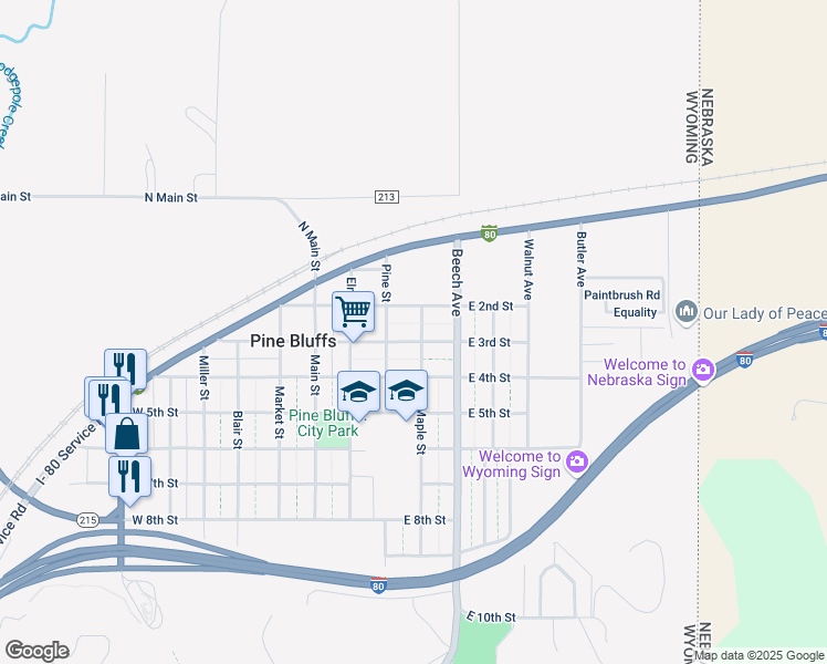 map of restaurants, bars, coffee shops, grocery stores, and more near 205-299 Maple Street in Pine Bluffs