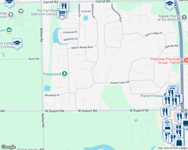 map of restaurants, bars, coffee shops, grocery stores, and more near 10910 Millstone Drive in Fort Wayne