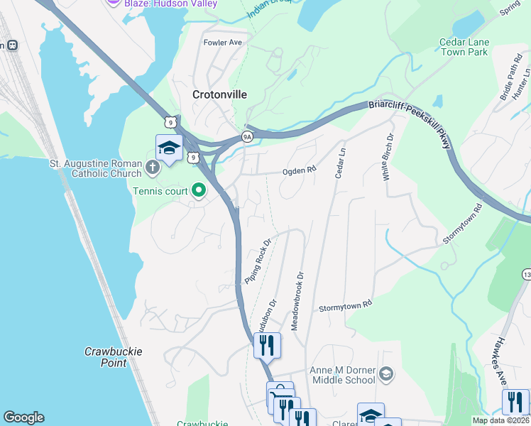 map of restaurants, bars, coffee shops, grocery stores, and more near 121 Brooke Club Drive in Ossining