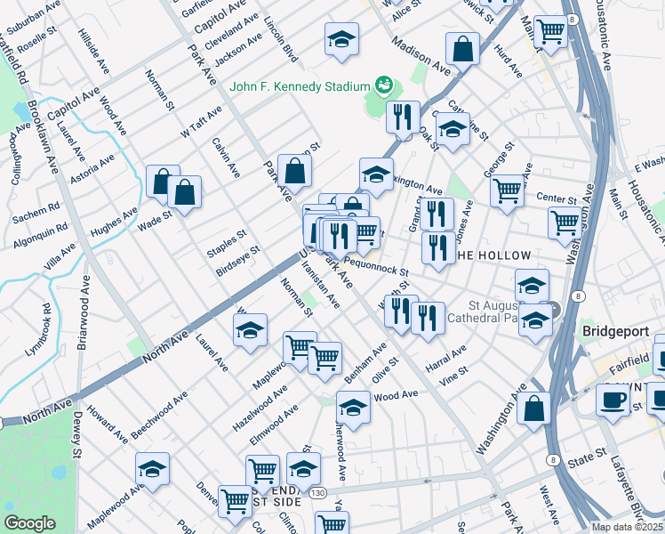 map of restaurants, bars, coffee shops, grocery stores, and more near 1647 Park Avenue in Bridgeport