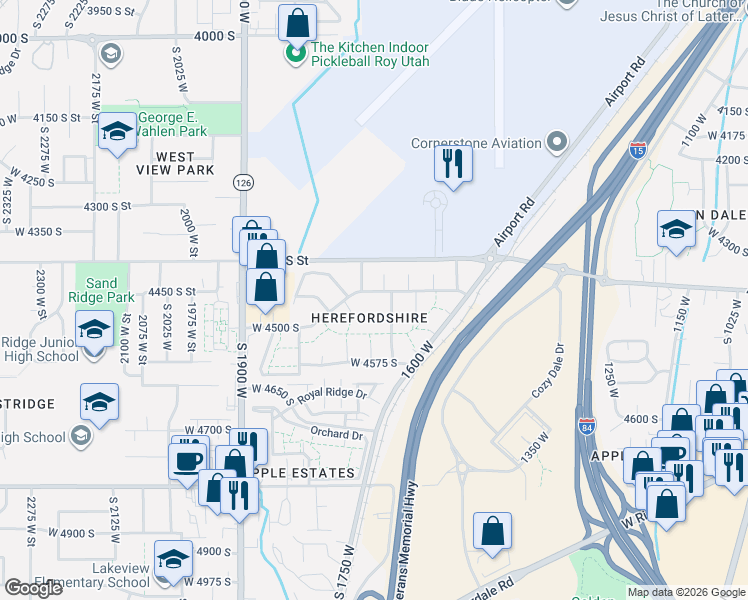 map of restaurants, bars, coffee shops, grocery stores, and more near 1681 West 4450 South in Roy