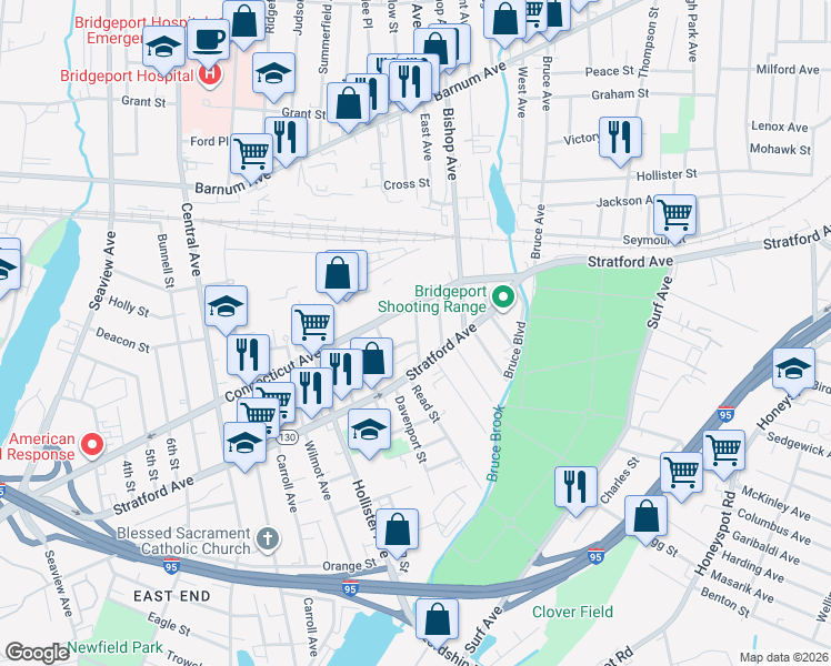 map of restaurants, bars, coffee shops, grocery stores, and more near 84 Waterman Street in Bridgeport
