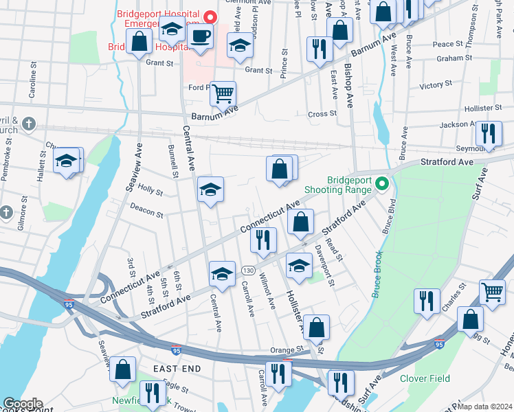 map of restaurants, bars, coffee shops, grocery stores, and more near 560 Hollister Avenue in Bridgeport