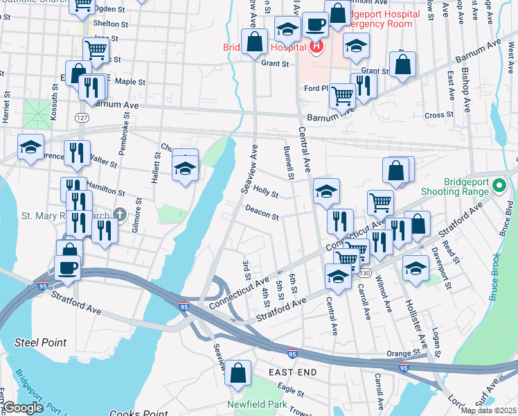 map of restaurants, bars, coffee shops, grocery stores, and more near 131 Deacon Street in Bridgeport
