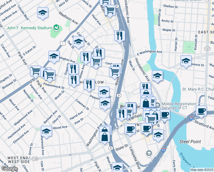 map of restaurants, bars, coffee shops, grocery stores, and more near 55 Sanford Avenue in Bridgeport