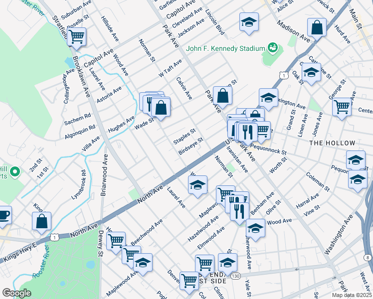 map of restaurants, bars, coffee shops, grocery stores, and more near 170 Birdseye Street in Bridgeport