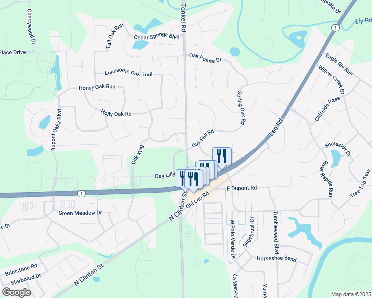 map of restaurants, bars, coffee shops, grocery stores, and more near 10579-10699 Tonkel Rd in Fort Wayne
