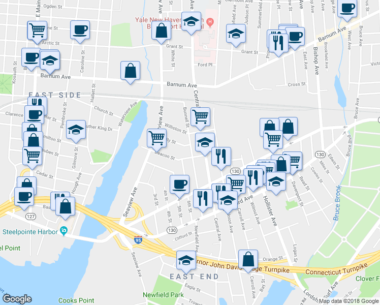 map of restaurants, bars, coffee shops, grocery stores, and more near 309 Bunnell Street in Bridgeport
