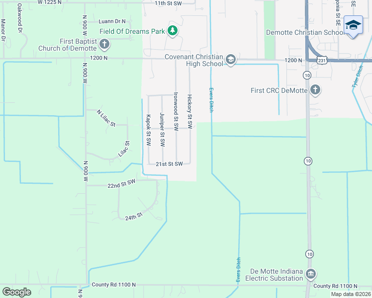 map of restaurants, bars, coffee shops, grocery stores, and more near 1919 Hickory Street Southwest in De Motte