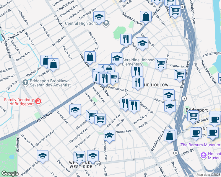 map of restaurants, bars, coffee shops, grocery stores, and more near 571 Pequonnock Street in Bridgeport