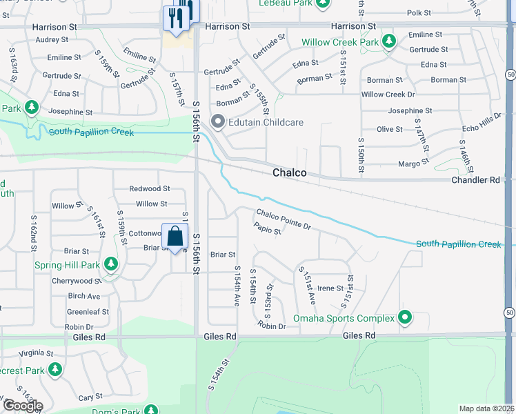 map of restaurants, bars, coffee shops, grocery stores, and more near 15336 Chalco Pointe Drive in Omaha