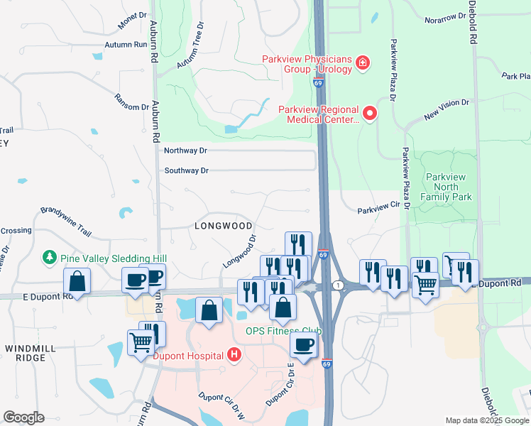 map of restaurants, bars, coffee shops, grocery stores, and more near 2806 Wilderness Road in Fort Wayne