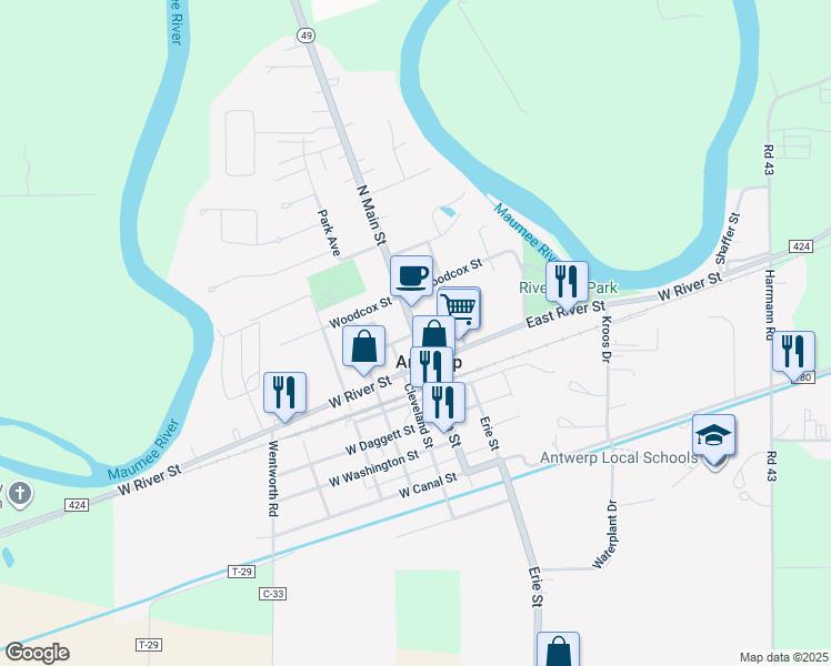 map of restaurants, bars, coffee shops, grocery stores, and more near 136 North Main Street in Antwerp