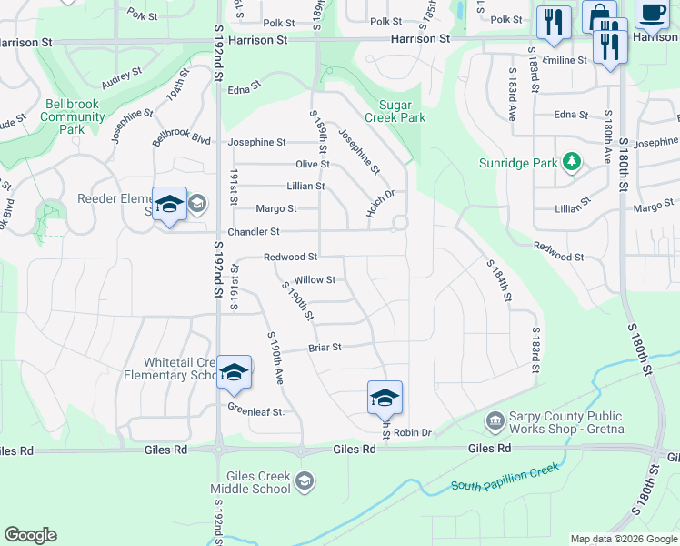 map of restaurants, bars, coffee shops, grocery stores, and more near 18606 Willow Street in Gretna