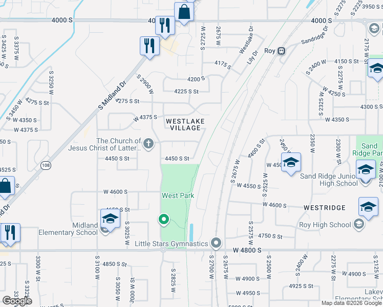 map of restaurants, bars, coffee shops, grocery stores, and more near 4445 South 2750 West in Roy