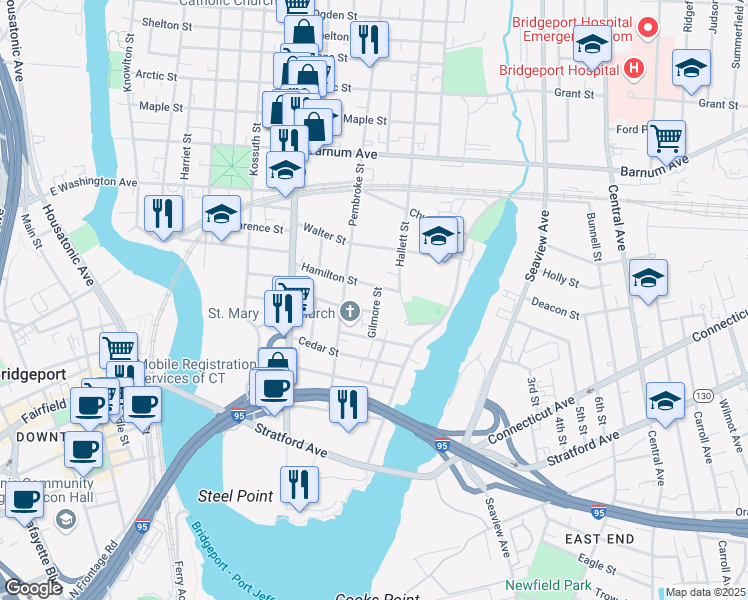 map of restaurants, bars, coffee shops, grocery stores, and more near 95 Gilmore Street in Bridgeport