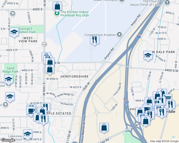 map of restaurants, bars, coffee shops, grocery stores, and more near 1601 West 4450 South in Roy