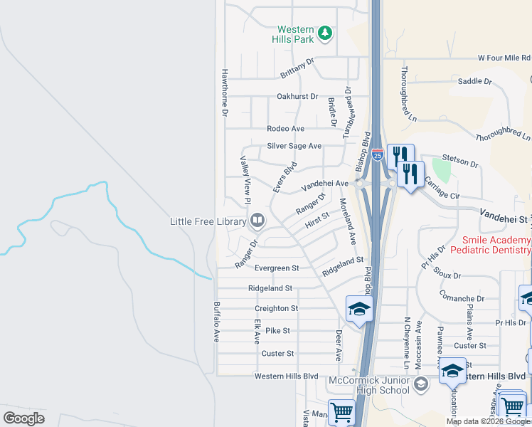 map of restaurants, bars, coffee shops, grocery stores, and more near 6817 Evers Boulevard in Cheyenne