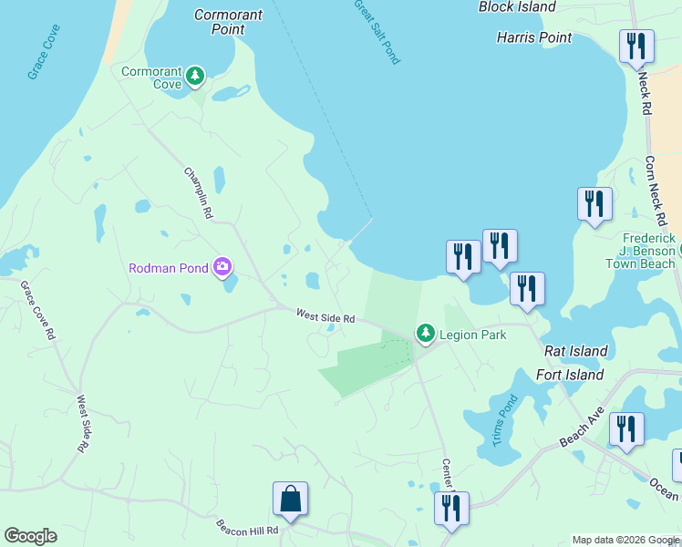 map of restaurants, bars, coffee shops, grocery stores, and more near 82 West Side Road in New Shoreham