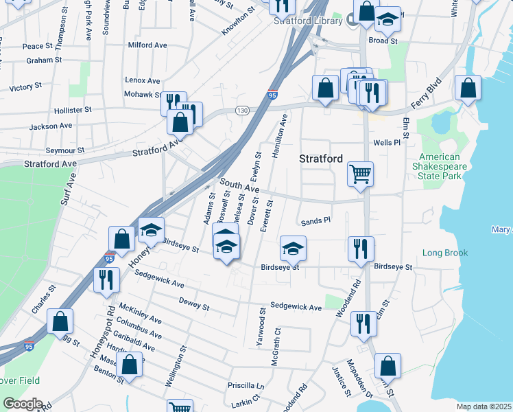 map of restaurants, bars, coffee shops, grocery stores, and more near 35 Dover Street in Stratford