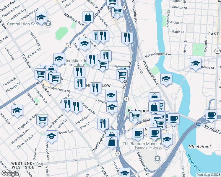 map of restaurants, bars, coffee shops, grocery stores, and more near 123 Sanford Avenue in Bridgeport