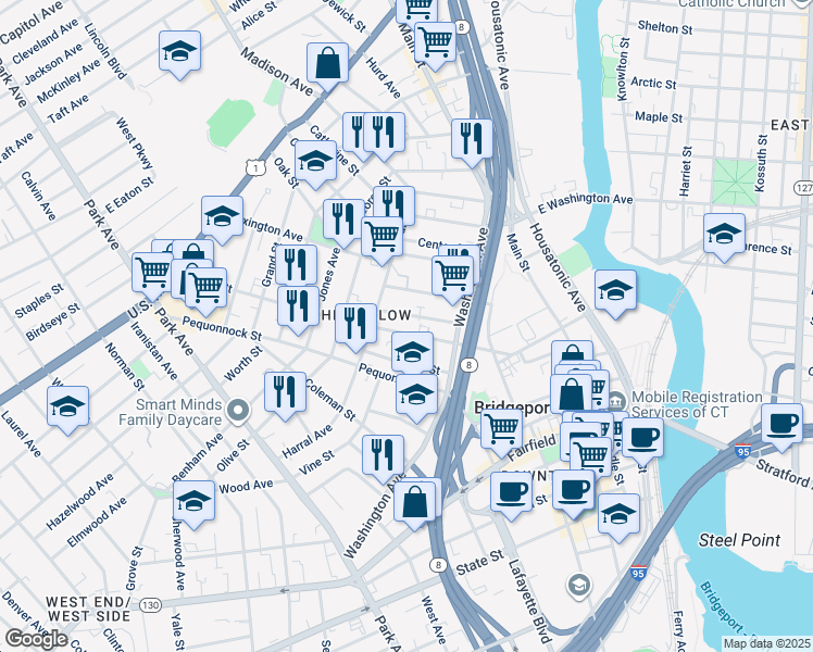 map of restaurants, bars, coffee shops, grocery stores, and more near 123 Sanford Avenue in Bridgeport