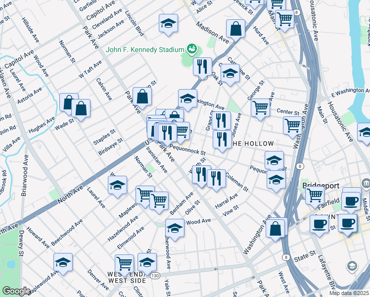 map of restaurants, bars, coffee shops, grocery stores, and more near 522 Pequonnock Street in Bridgeport