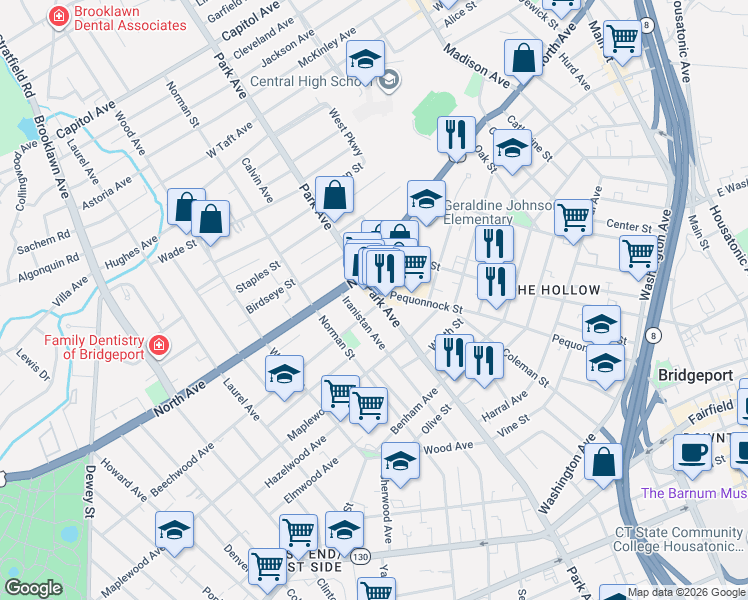 map of restaurants, bars, coffee shops, grocery stores, and more near 1647 Park Avenue in Bridgeport