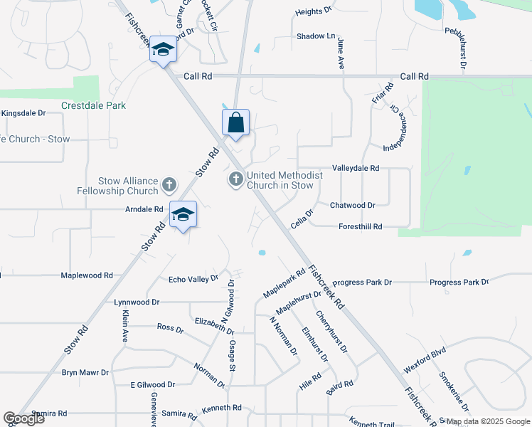 map of restaurants, bars, coffee shops, grocery stores, and more near 4840 Fishcreek Road in Stow