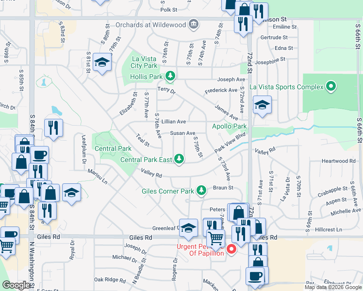 map of restaurants, bars, coffee shops, grocery stores, and more near 7523 South 76th Street in La Vista