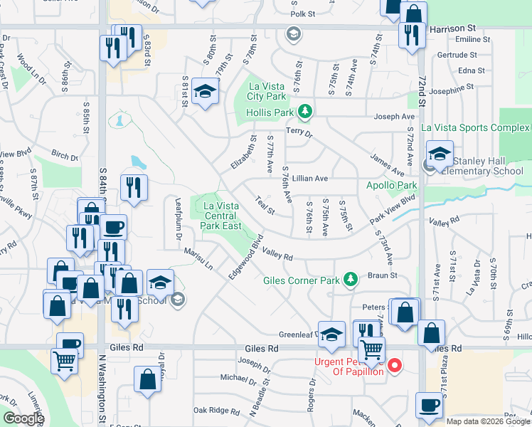 map of restaurants, bars, coffee shops, grocery stores, and more near 7613 Teal Street in La Vista