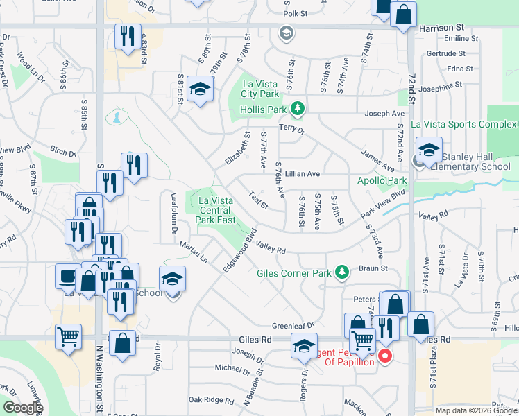 map of restaurants, bars, coffee shops, grocery stores, and more near 7613 Teal Street in La Vista