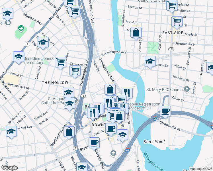 map of restaurants, bars, coffee shops, grocery stores, and more near 1315 Main Street in Bridgeport
