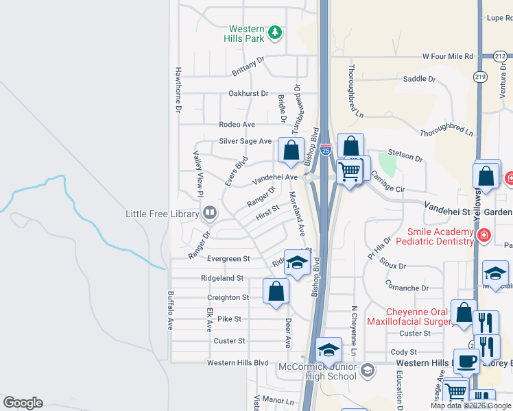 map of restaurants, bars, coffee shops, grocery stores, and more near 743 Ranger Dr in Cheyenne