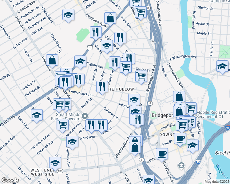 map of restaurants, bars, coffee shops, grocery stores, and more near 239 James Street in Bridgeport