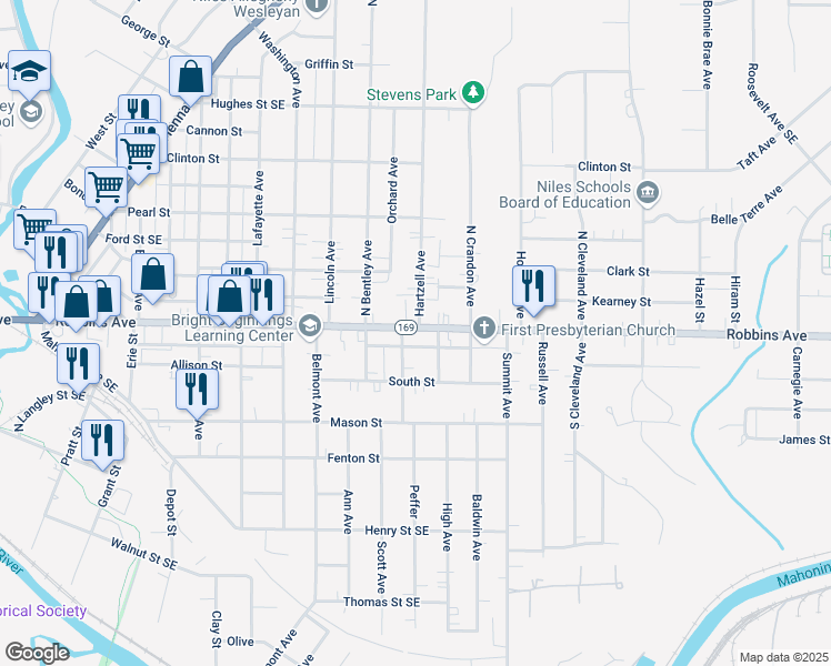 map of restaurants, bars, coffee shops, grocery stores, and more near 1009 Ohio 169 in Niles