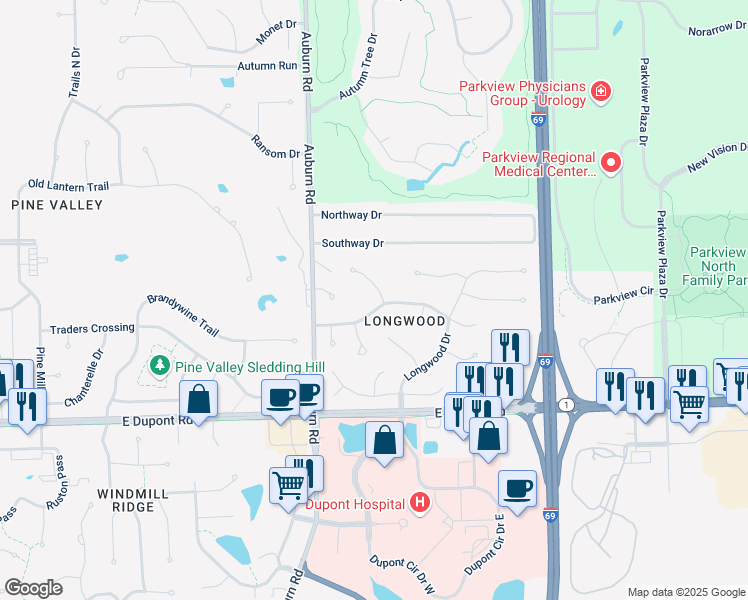 map of restaurants, bars, coffee shops, grocery stores, and more near 10903 Westmore Court in Fort Wayne
