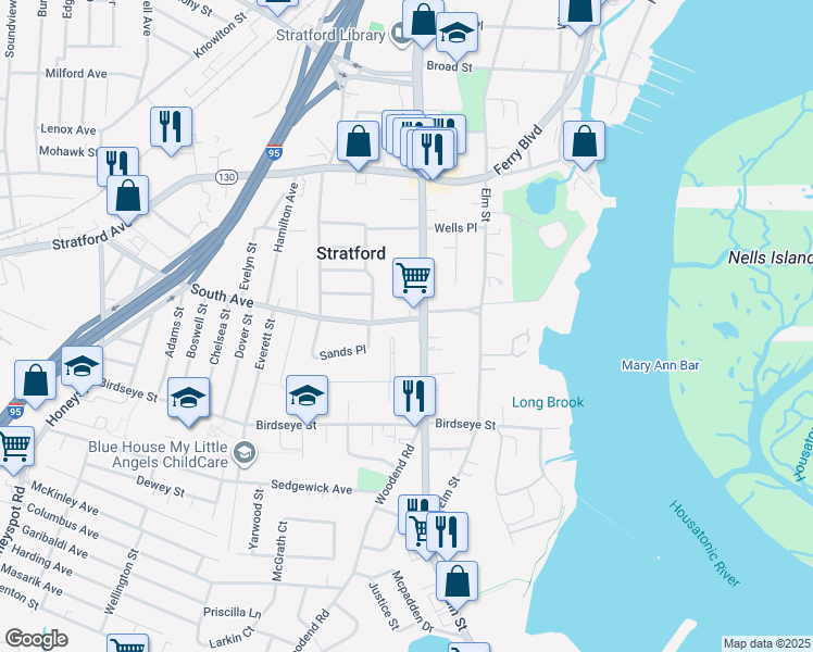 map of restaurants, bars, coffee shops, grocery stores, and more near 1025 South Avenue in Stratford
