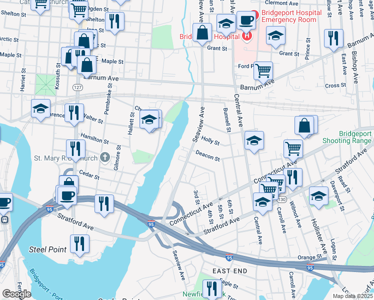 map of restaurants, bars, coffee shops, grocery stores, and more near 2 Deacon Street in Bridgeport