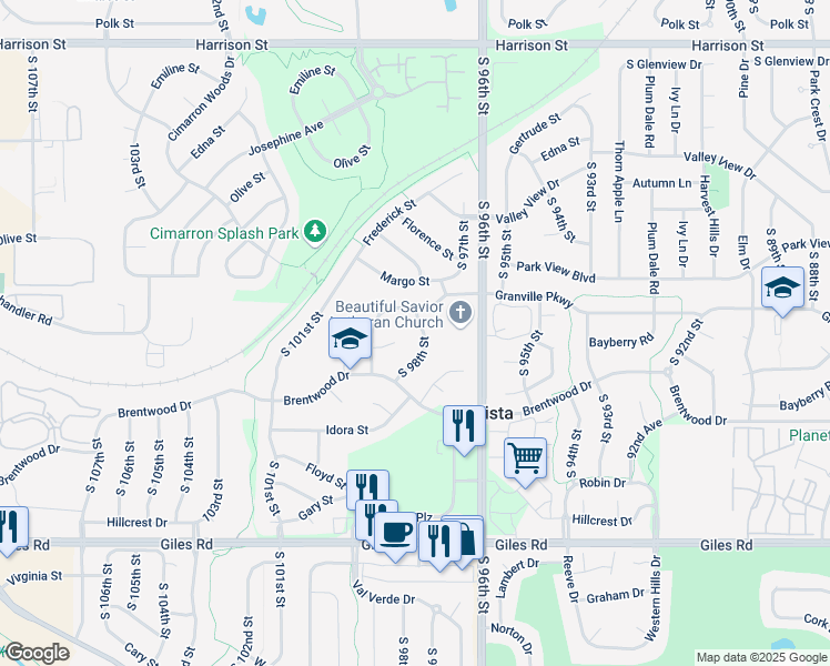 map of restaurants, bars, coffee shops, grocery stores, and more near 7716 South 98th Street in La Vista