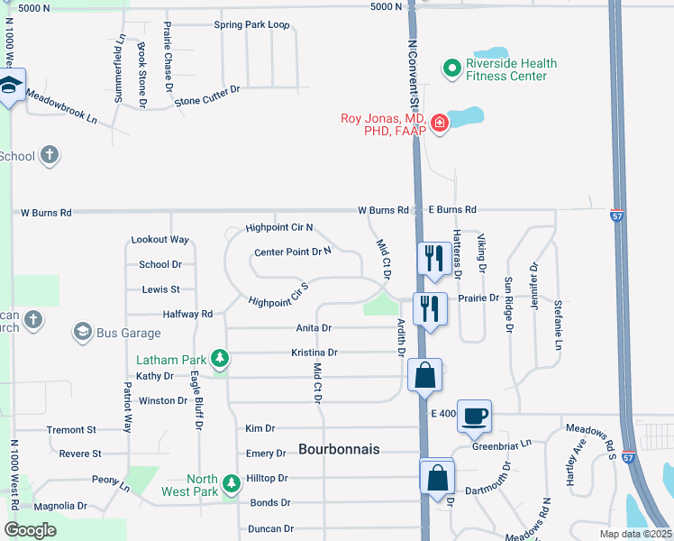 map of restaurants, bars, coffee shops, grocery stores, and more near 259 Highpoint Circle South in Bourbonnais