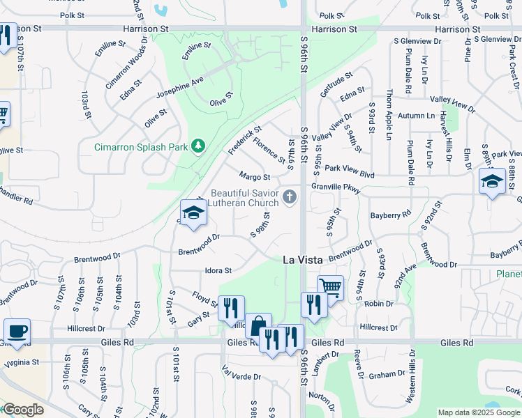 map of restaurants, bars, coffee shops, grocery stores, and more near 7716 South 98th Street in La Vista