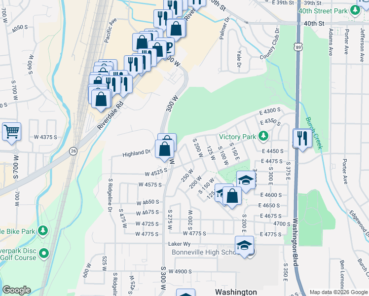map of restaurants, bars, coffee shops, grocery stores, and more near 4329 250 West in Washington Terrace