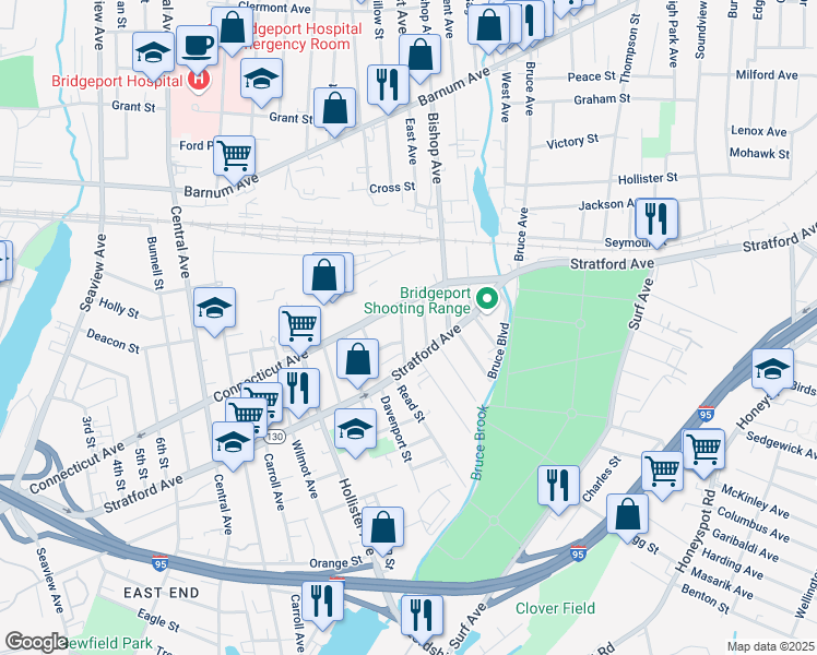 map of restaurants, bars, coffee shops, grocery stores, and more near 84 Waterman Street in Bridgeport