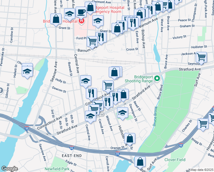 map of restaurants, bars, coffee shops, grocery stores, and more near 560 Hollister Avenue in Bridgeport