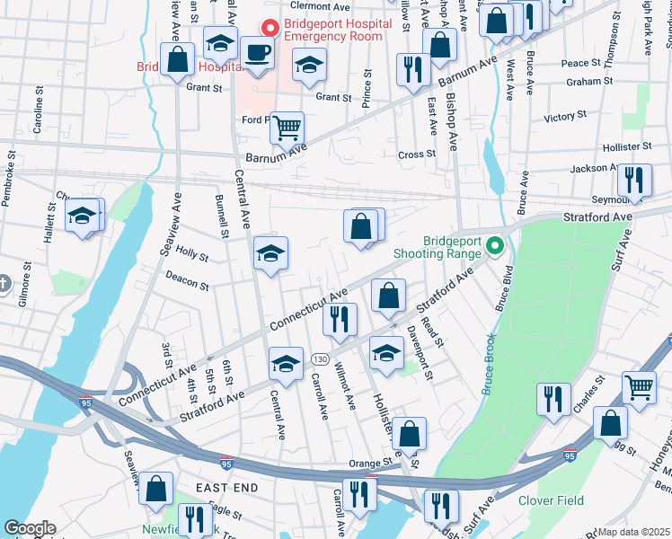 map of restaurants, bars, coffee shops, grocery stores, and more near 560 Hollister Avenue in Bridgeport