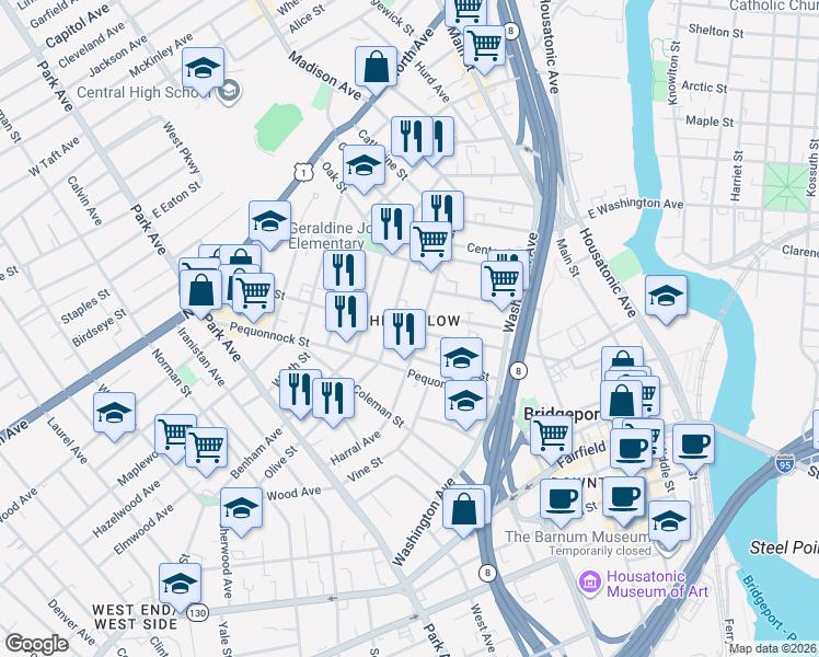 map of restaurants, bars, coffee shops, grocery stores, and more near in Bridgeport
