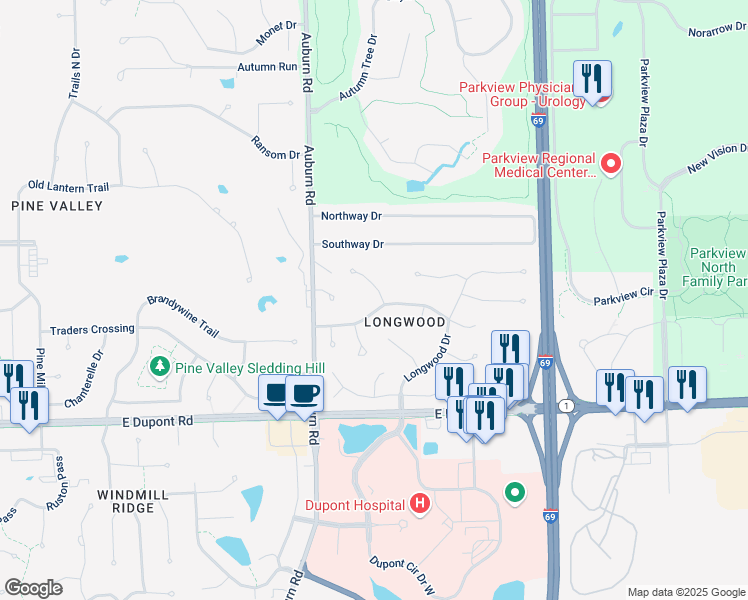 map of restaurants, bars, coffee shops, grocery stores, and more near 10903 Westmore Court in Fort Wayne