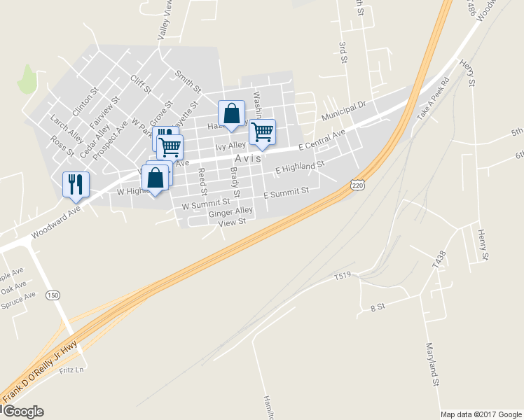 map of restaurants, bars, coffee shops, grocery stores, and more near 15 East Summit Street in Avis