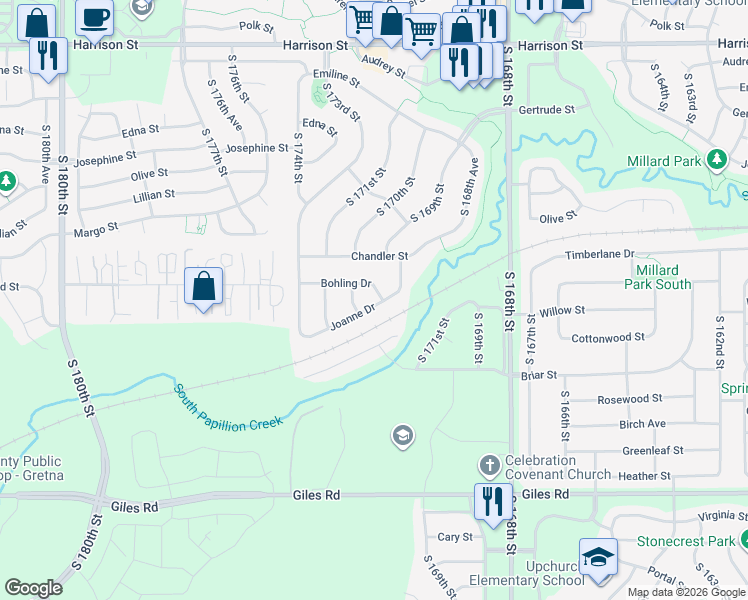 map of restaurants, bars, coffee shops, grocery stores, and more near 17003 Bohling Dr in Omaha